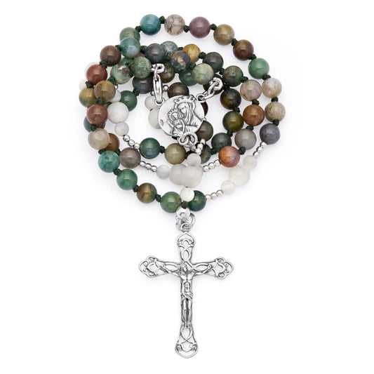 Sterling Silver Rosary with Indian Agate and Mother-of-pearl Beads