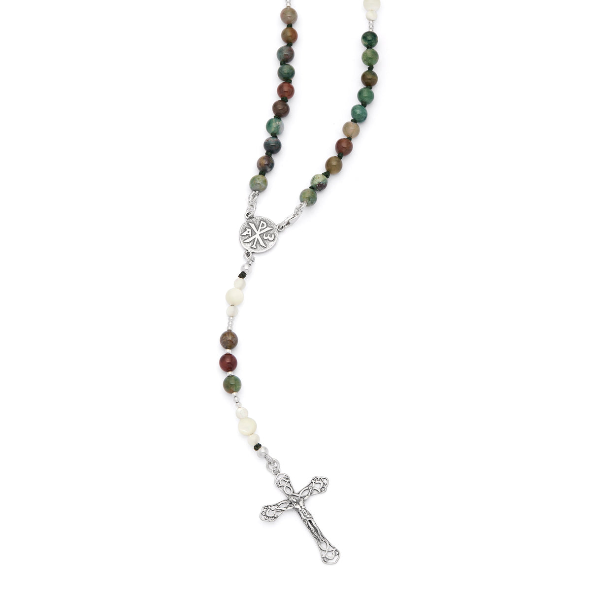 Sterling Silver Rosary with Indian Agate and Mother-of-pearl Beads