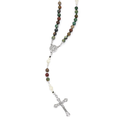 Sterling Silver Rosary with Indian Agate and Mother-of-pearl Beads
