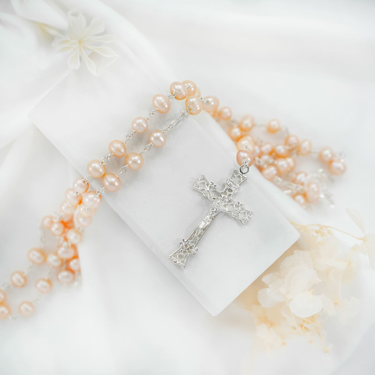 Sterling Silver Rosary with Lake Pearl Beads