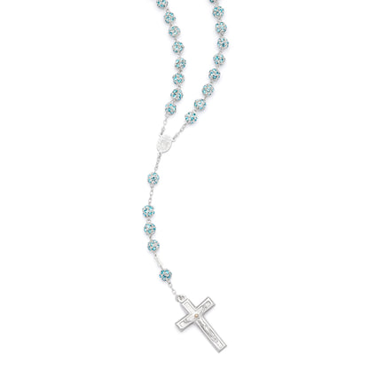Sterling Silver Rosary with Light Blue Rhinestone Beads