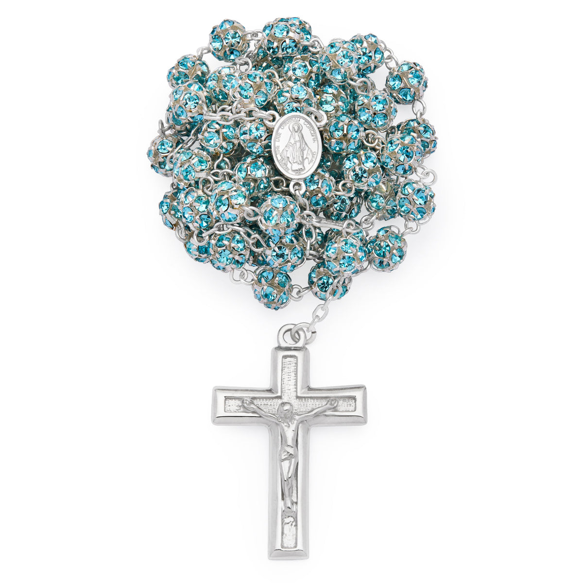Sterling Silver Rosary with Light Blue Rhinestone Beads