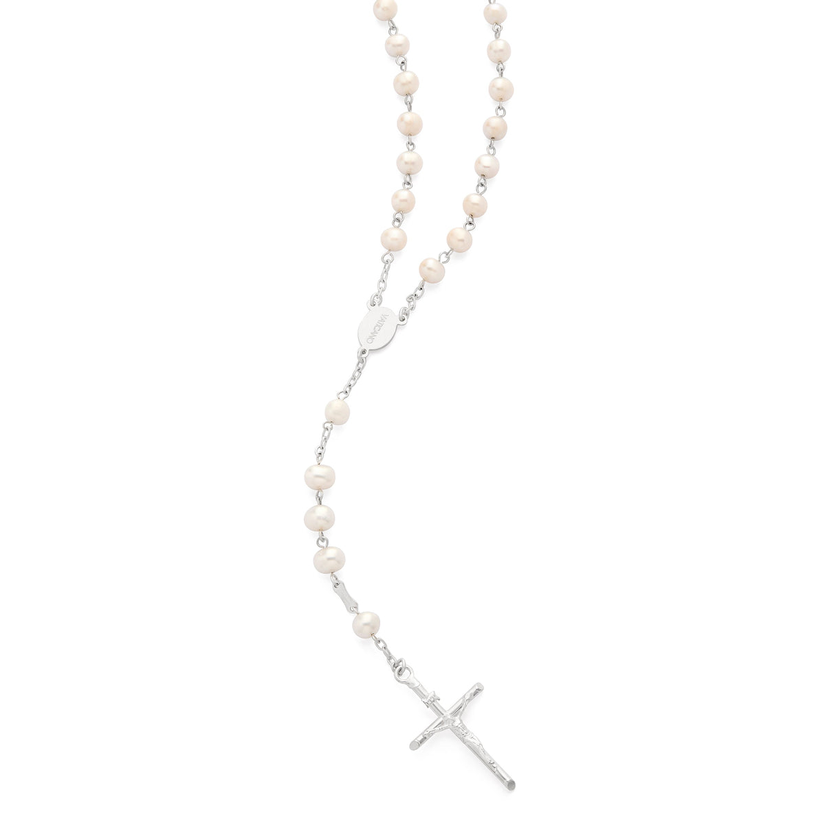 Sterling Silver Rosary with White Freshwater Pearls and Four Basilicas Medals