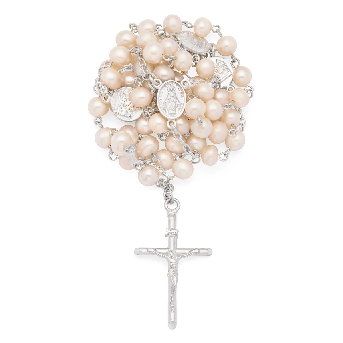 Sterling Silver Rosary with White Freshwater Pearls and Four Basilicas Medals