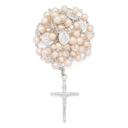 Sterling Silver Rosary with White Freshwater Pearls and Four Basilicas Medals