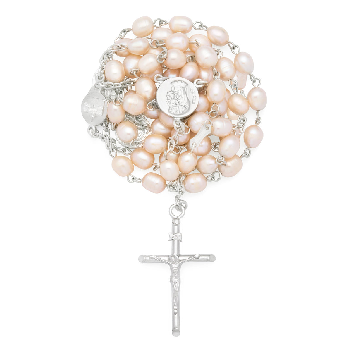 Sterling Silver Rosary with Light Pink Freshwater Pearls and Mater Ecclesiae