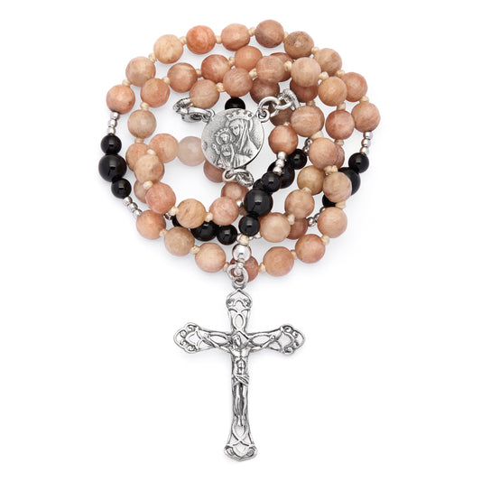 Sterling Silver Rosary with Moonstone and Black Onyx Beads