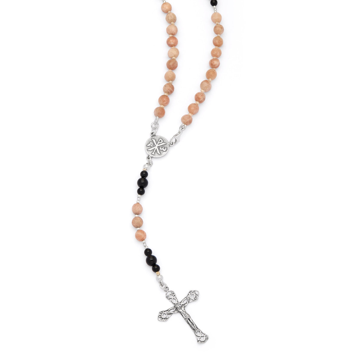 Sterling Silver Rosary with Moonstone and Black Onyx Beads