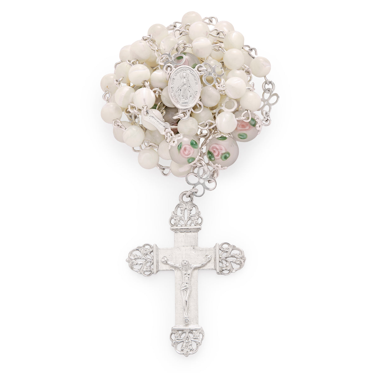 Sterling Silver Rosary with Mother-of-Pearl and Hand-Painted Floral Glass Beads