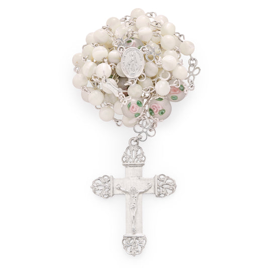 Sterling Silver Rosary with Mother-of-Pearl and Hand-Painted Floral Glass Beads