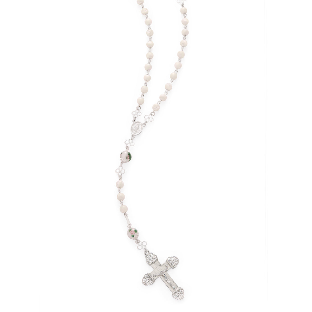 Sterling Silver Rosary with Mother-of-Pearl and Hand-Painted Floral Glass Beads