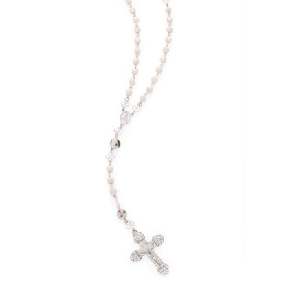 Sterling Silver Rosary with Mother-of-Pearl and Hand-Painted Floral Glass Beads