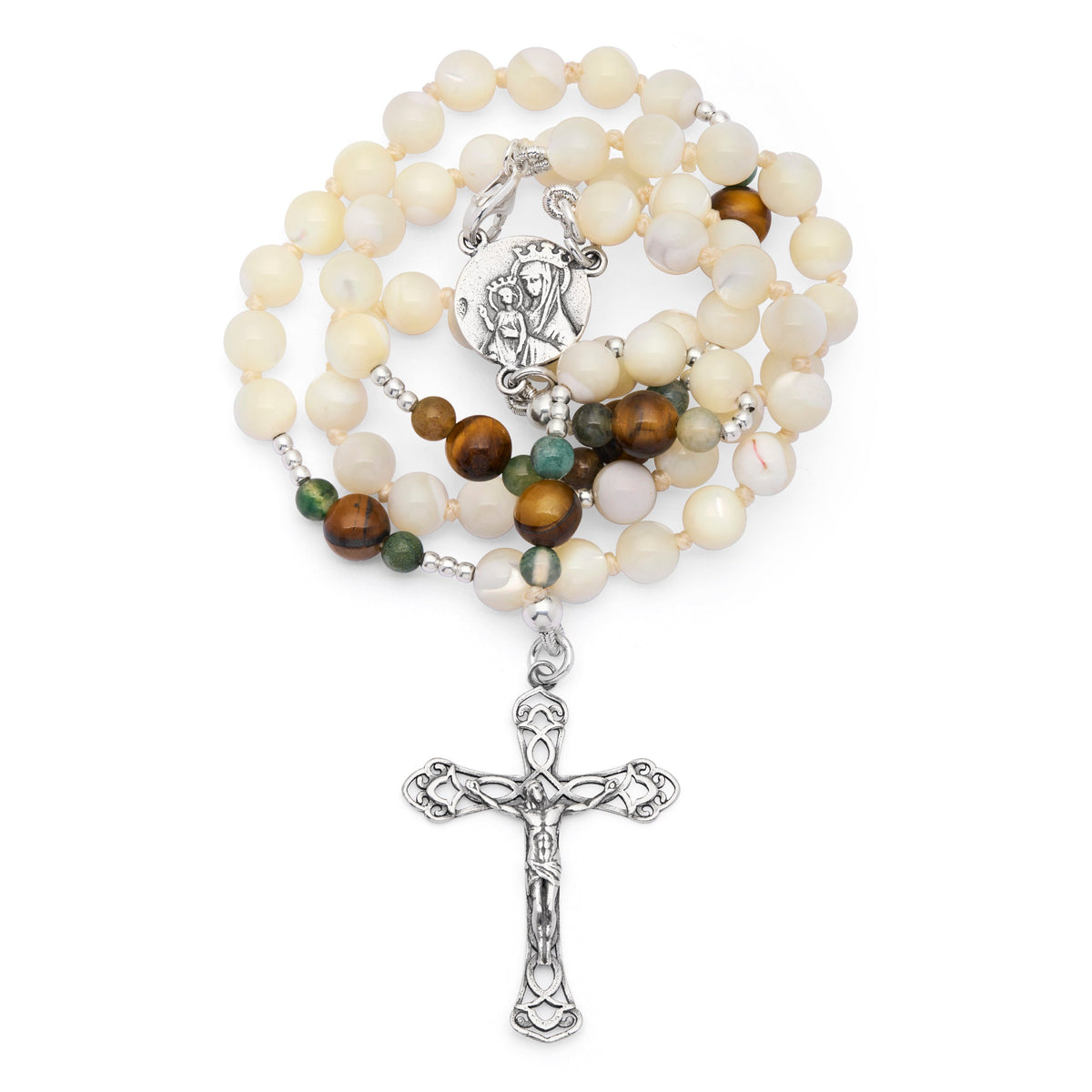 Sterling Silver Rosary with Mother-of-pearl, Tiger's Eye and Indian Agate Beads