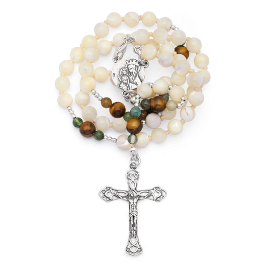 Sterling Silver Rosary with Mother-of-pearl, Tiger's Eye and Indian Agate Beads