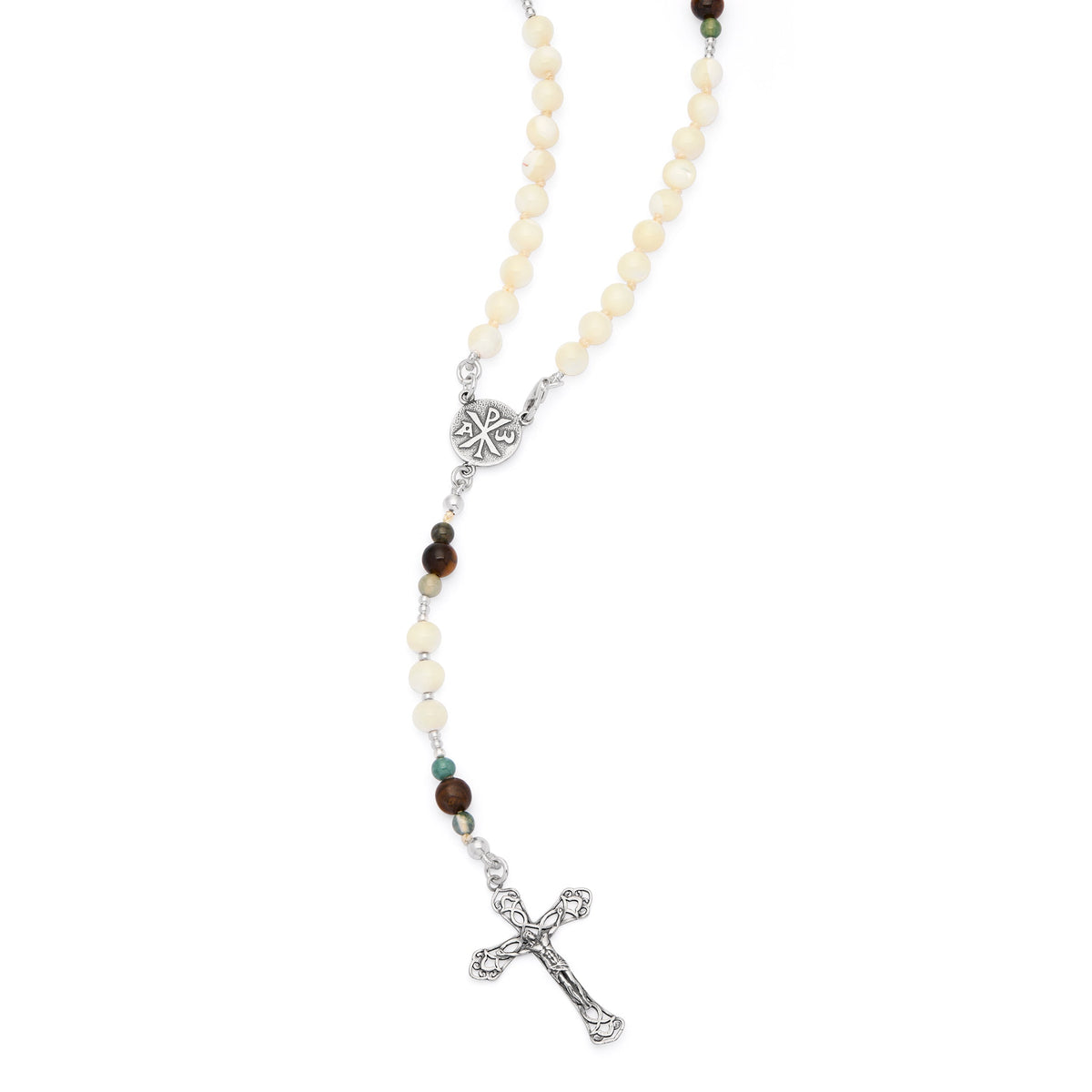 Sterling Silver Rosary with Mother-of-pearl, Tiger's Eye and Indian Agate Beads