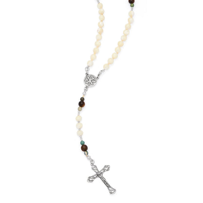 Sterling Silver Rosary with Mother-of-pearl, Tiger's Eye and Indian Agate Beads