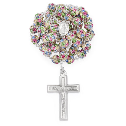 Sterling Silver Rosary with Multicolor Rhinestone Beads