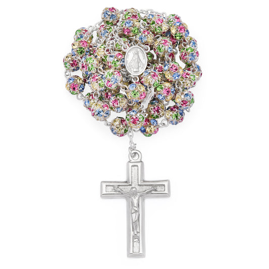 Sterling Silver Rosary with Multicolor Rhinestone Beads