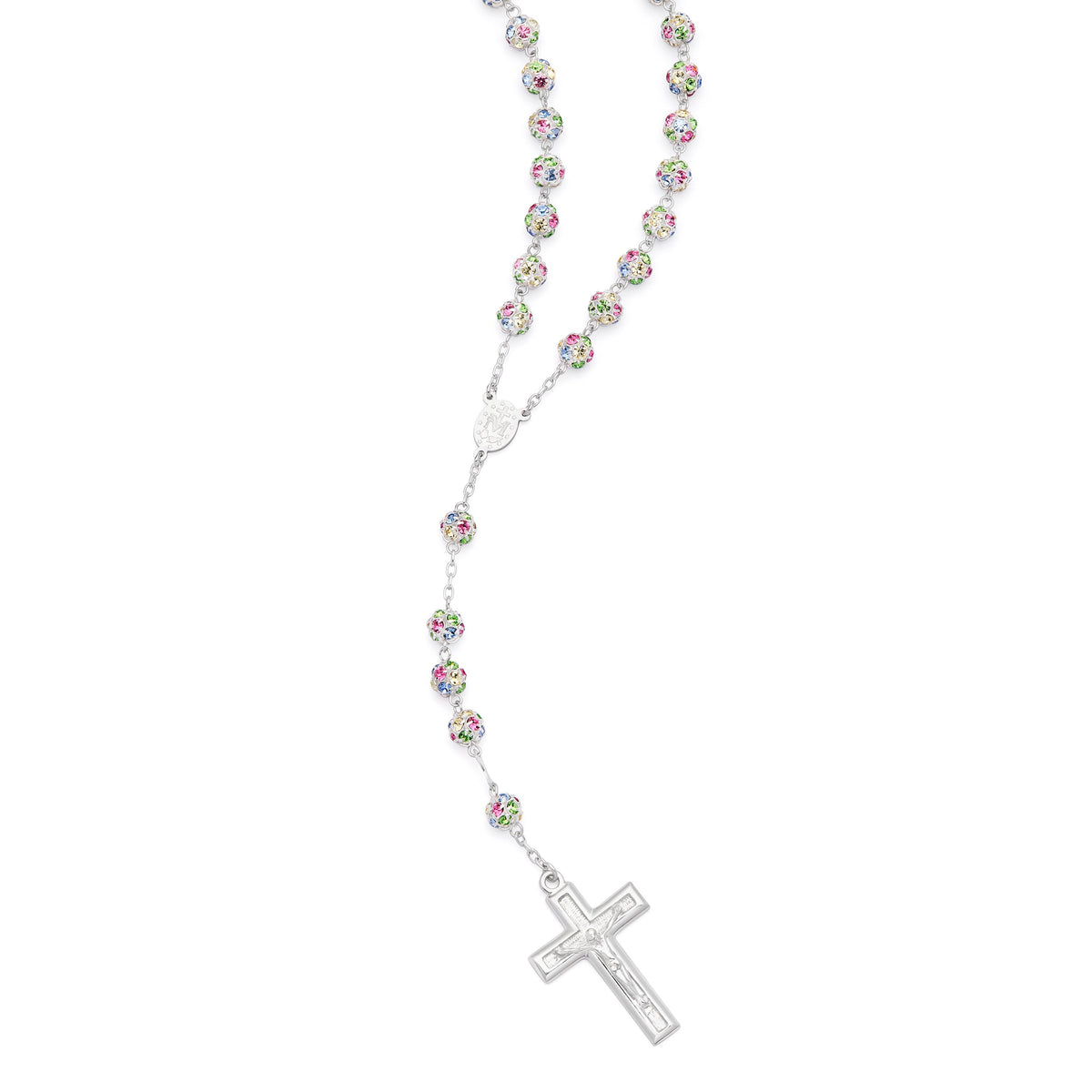 Sterling Silver Rosary with Multicolor Rhinestone Beads