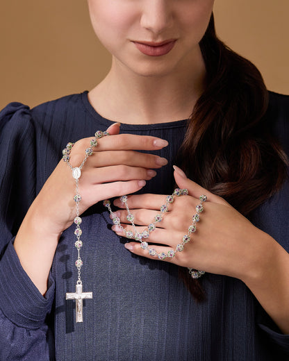 Sterling Silver Rosary with Multicolor Rhinestone Beads