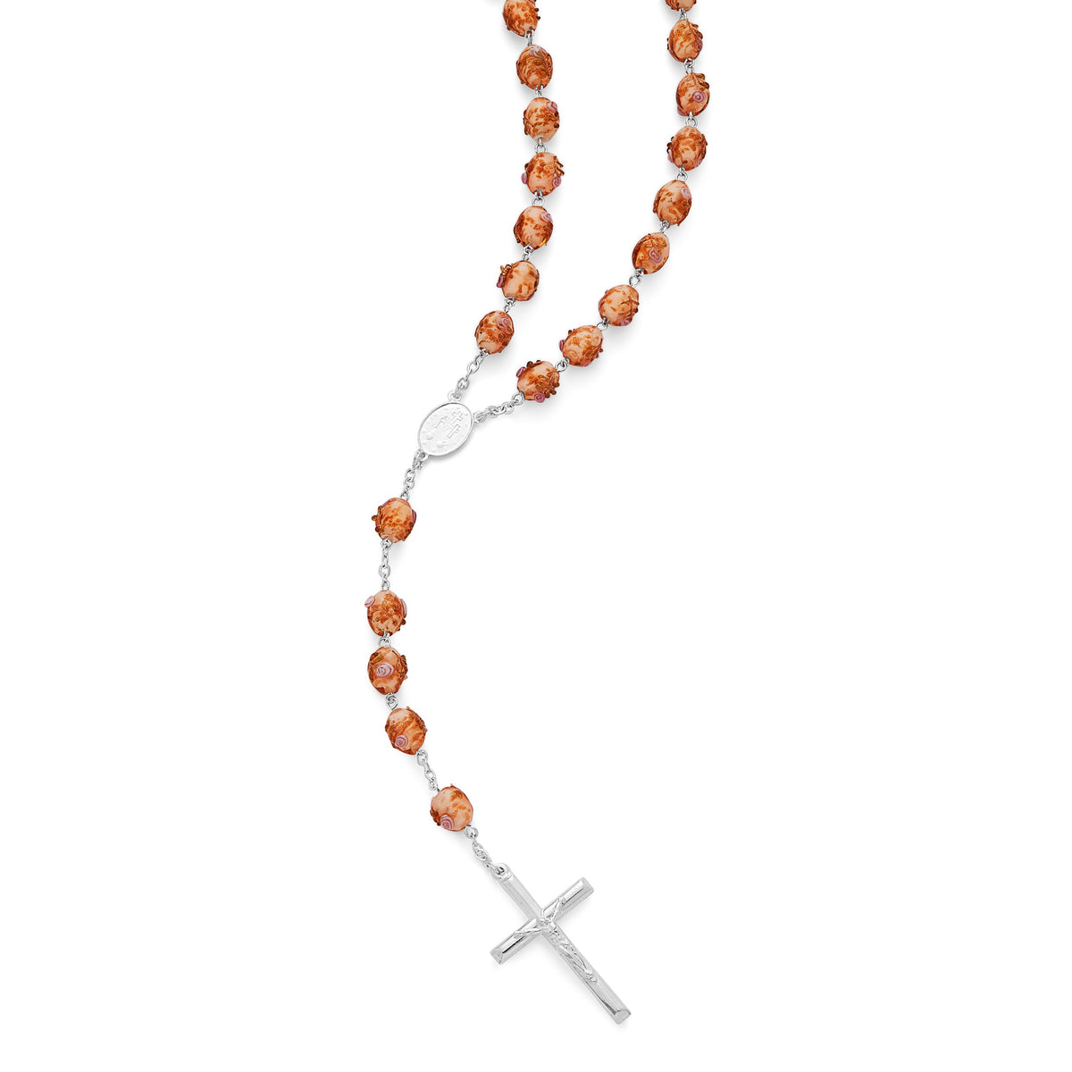 Sterling Silver Rosary with Pink Crystal Beads and Rosettes with the Miraculous Medal