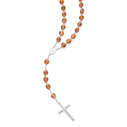 Sterling Silver Rosary with Pink Crystal Beads and Rosettes with the Miraculous Medal