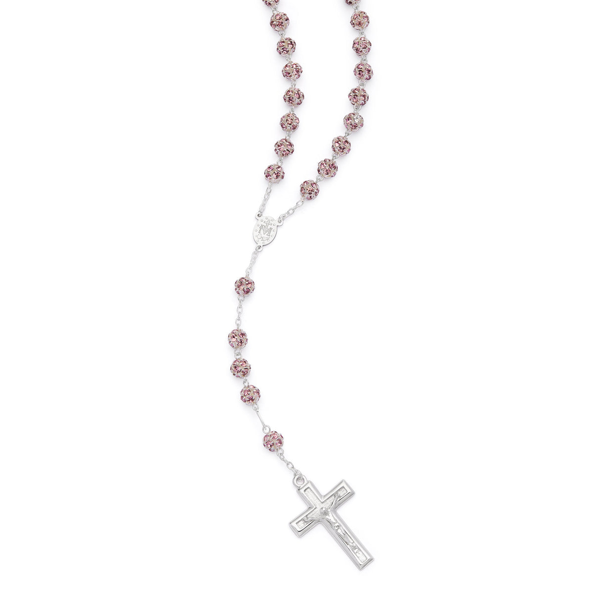 Sterling Silver Rosary with Pink Rhinestone Beads