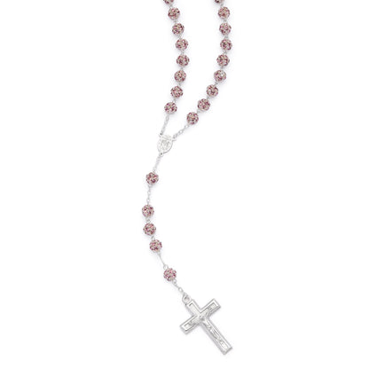 Sterling Silver Rosary with Pink Rhinestone Beads