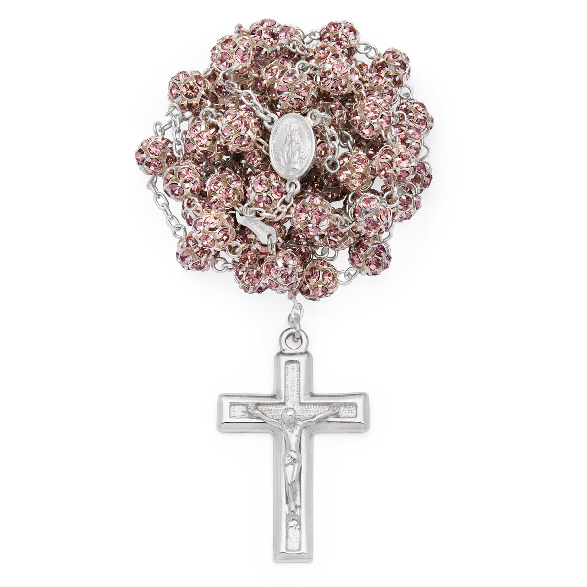 Sterling Silver Rosary with Pink Rhinestone Beads