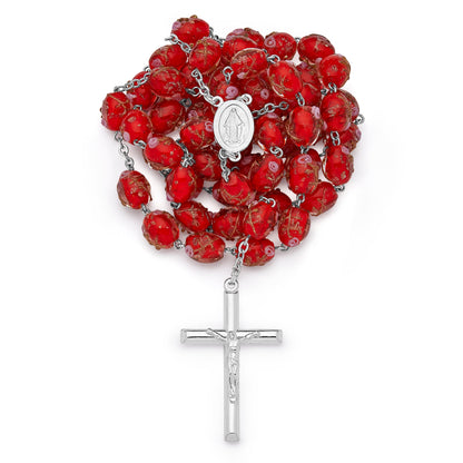 Sterling Silver Rosary with Red Crystal Beads and Rosettes with the Miraculous Medal