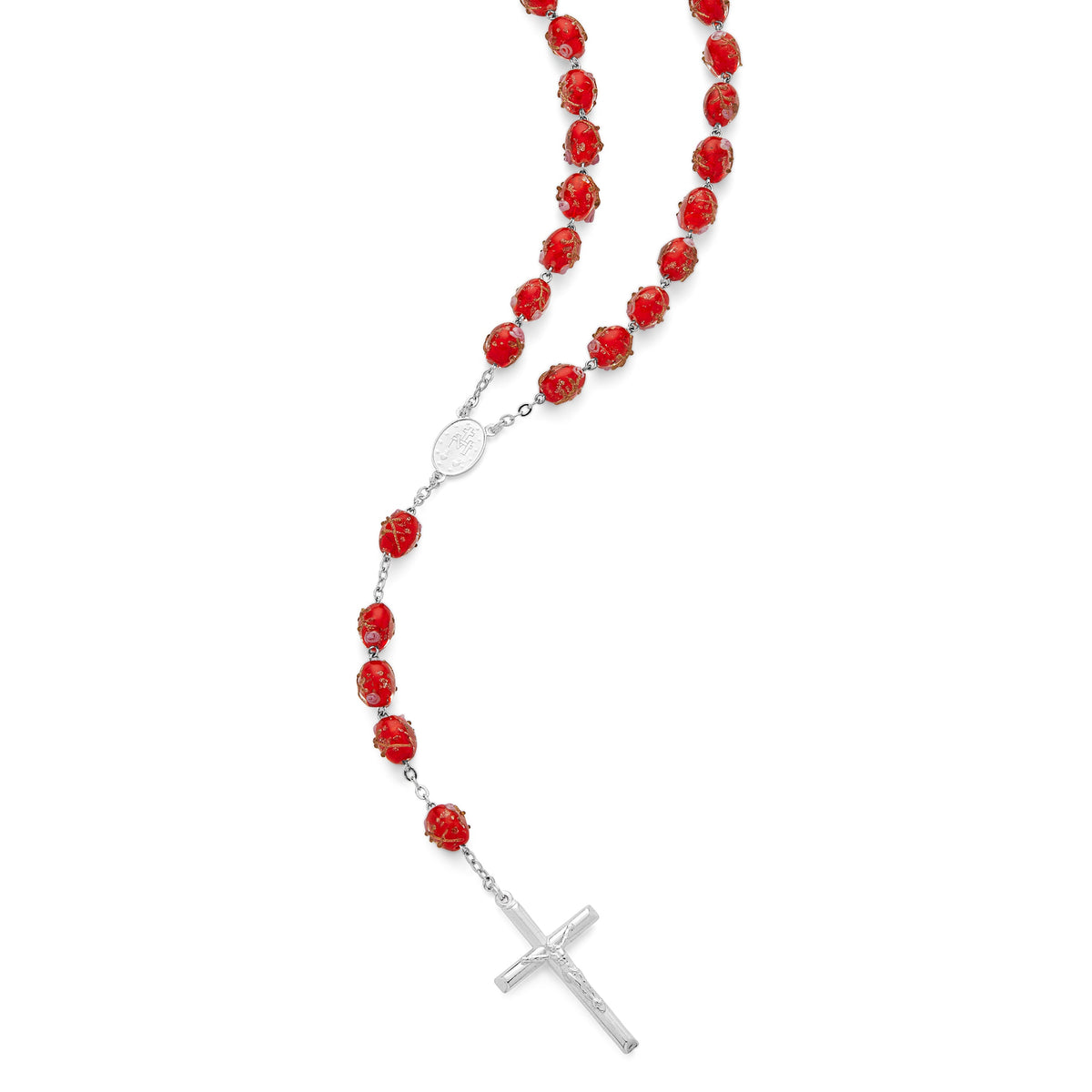 Sterling Silver Rosary with Red Crystal Beads and Rosettes with the Miraculous Medal