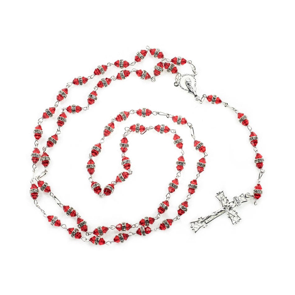 Sterling Silver Rosary with Red Rondelle Crystal Beads