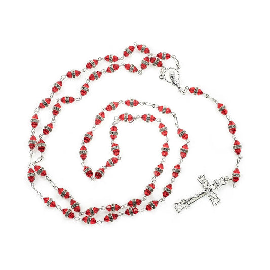 Sterling Silver Rosary with Red Rondelle Crystal Beads