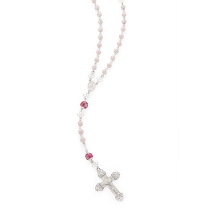 Sterling Silver Rosary with Rose Quartz and Hand-Painted Floral Glass Beads