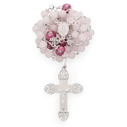 Sterling Silver Rosary with Rose Quartz and Hand-Painted Floral Glass Beads