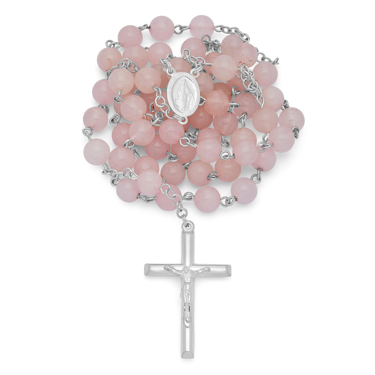 Sterling Silver Rosary with Rose Quartz Beads