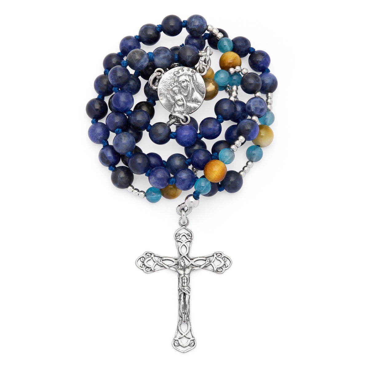Sterling Silver Rosary with Sodalite, Tiger's Eye and Angelite Beads