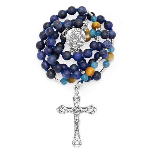 Sterling Silver Rosary with Sodalite, Tiger's Eye and Angelite Beads