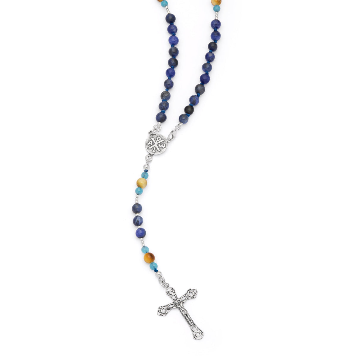Sterling Silver Rosary with Sodalite, Tiger's Eye and Angelite Beads
