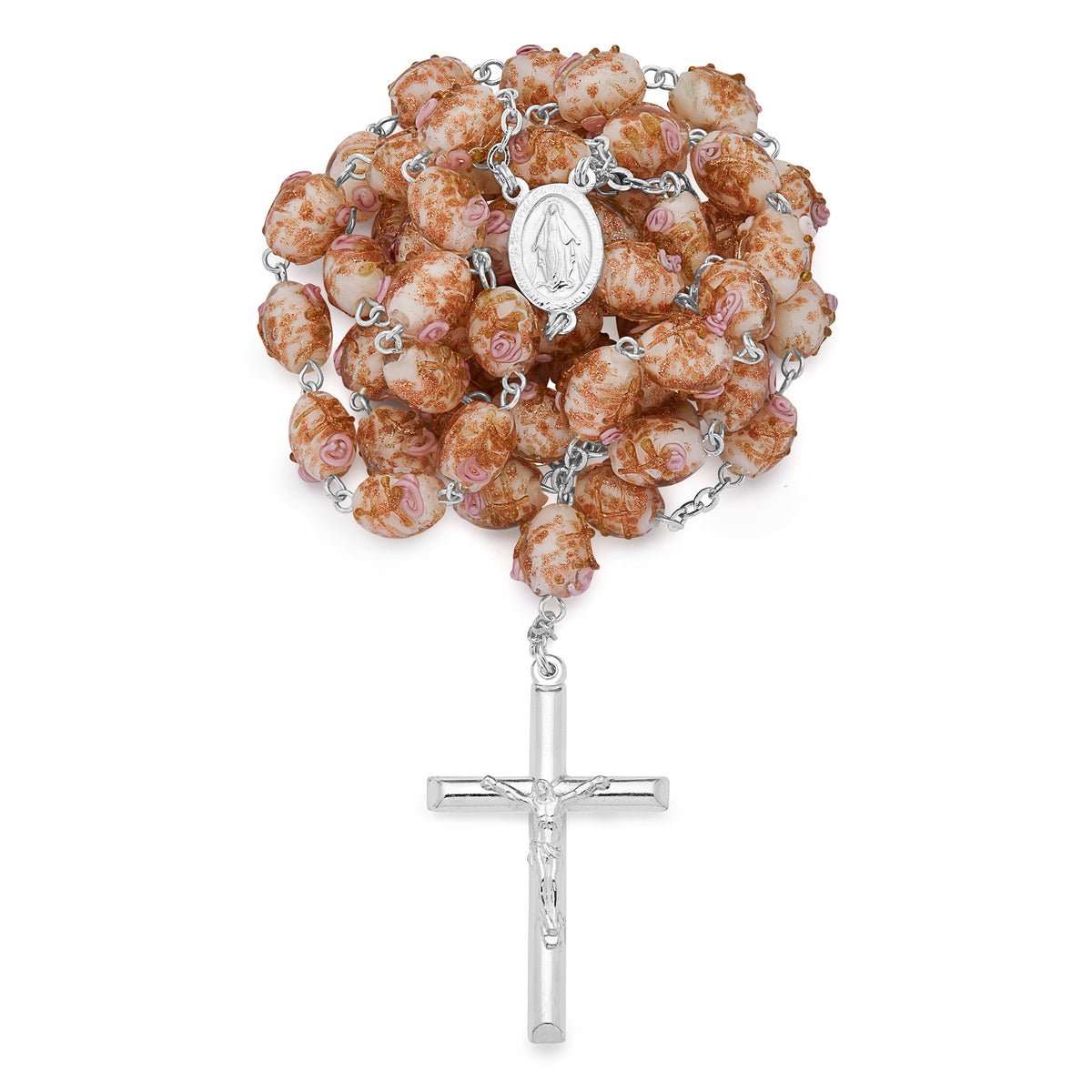Sterling Silver Rosary with White Crystal Beads and Rosettes with the Miraculous Medal