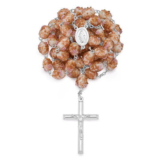 Sterling Silver Rosary with White Crystal Beads and Rosettes with the Miraculous Medal