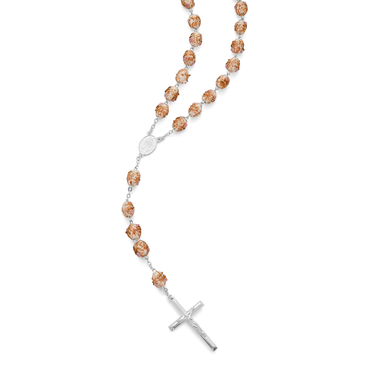 Sterling Silver Rosary with White Crystal Beads and Rosettes with the Miraculous Medal