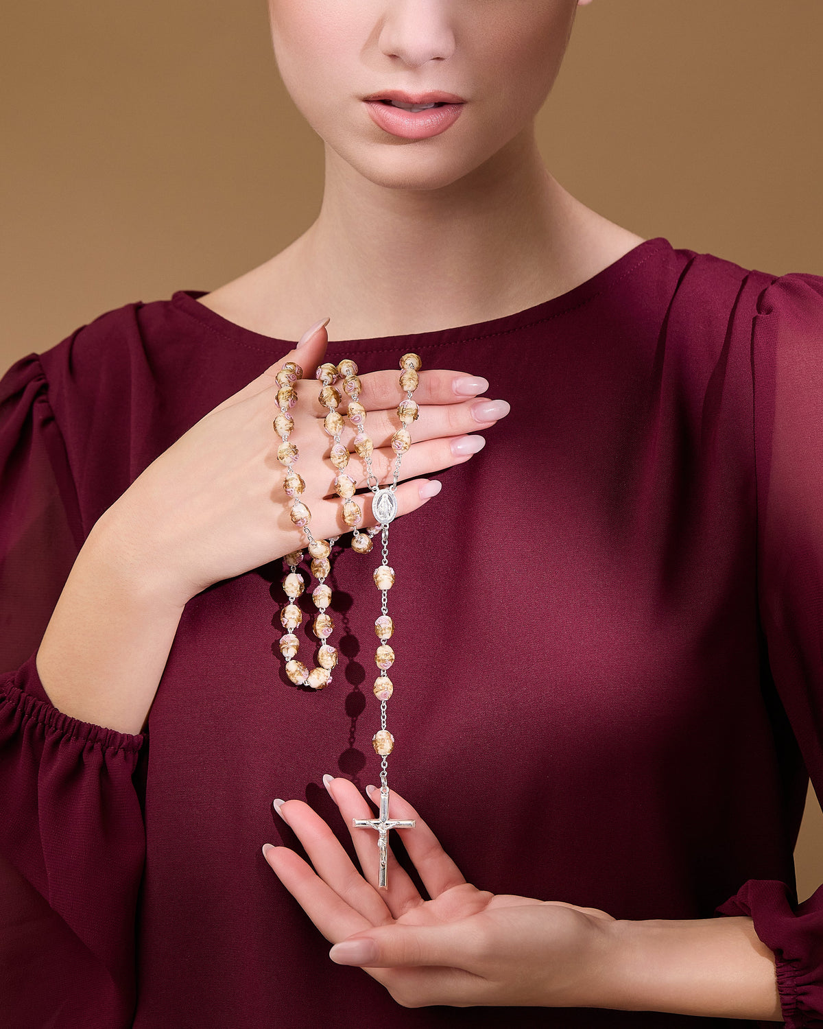 Sterling Silver Rosary with Yellow Crystal Beads and Rosettes with the Miraculous Medal