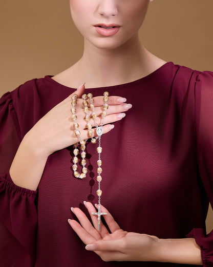 Sterling Silver Rosary with Yellow Crystal Beads and Rosettes with the Miraculous Medal