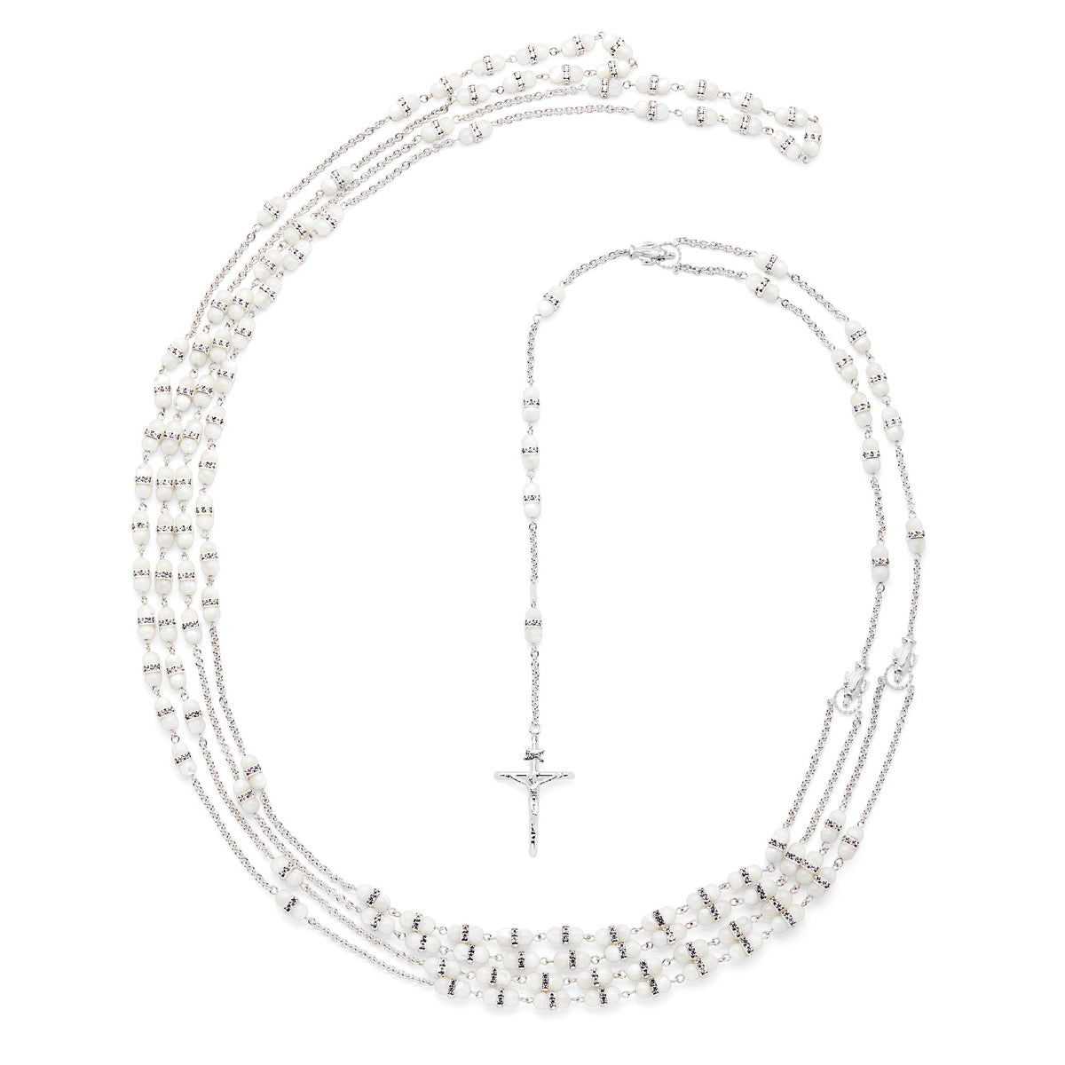 Sterling Silver Wedding Lazo with Mother-of-pearl Beads and Cubic Zirconia
