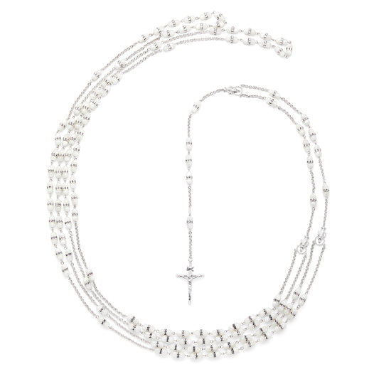 Sterling Silver Wedding Lazo with Mother-of-pearl Beads and Cubic Zirconia