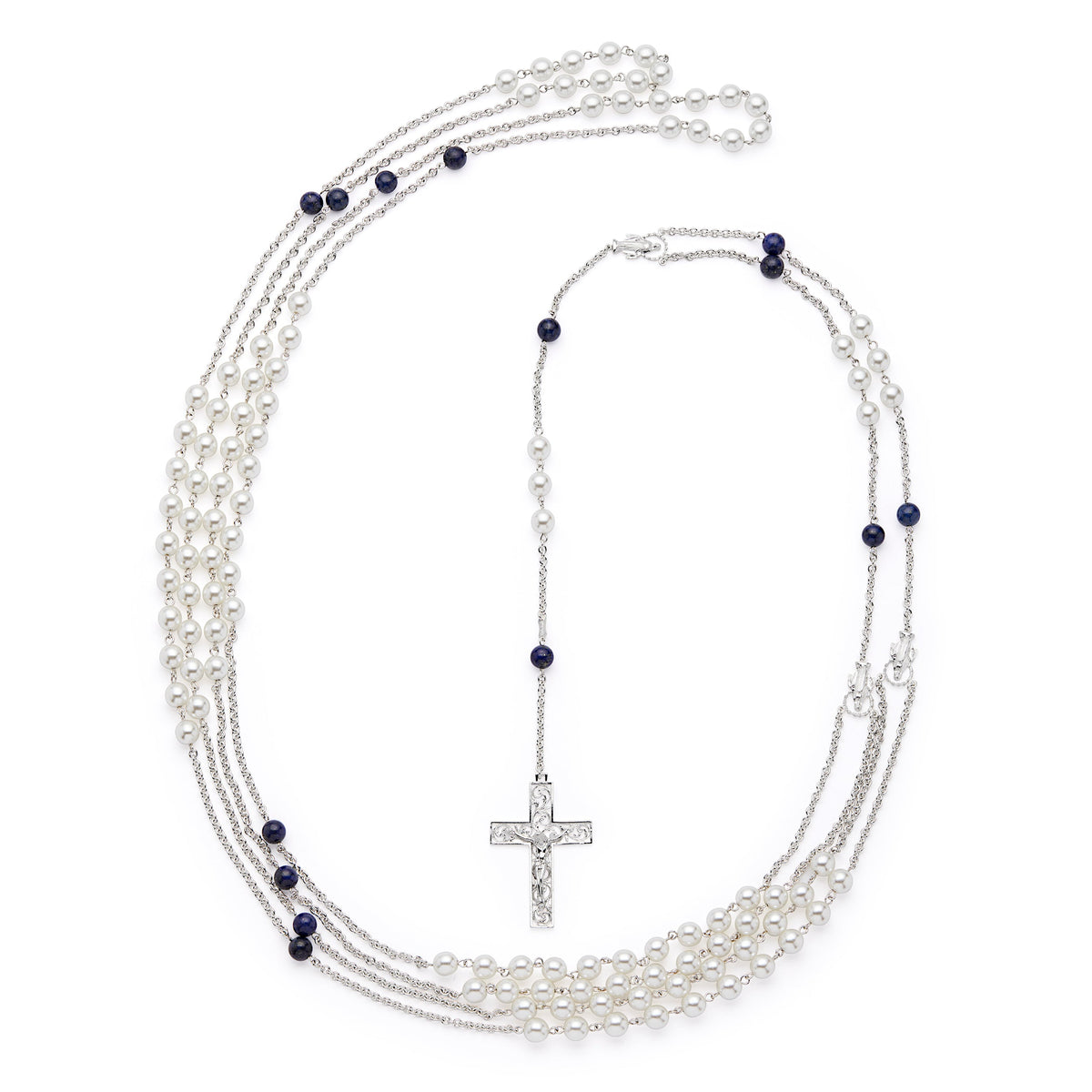 Sterling Silver Wedding Lazo with Pearl and Blue Beads