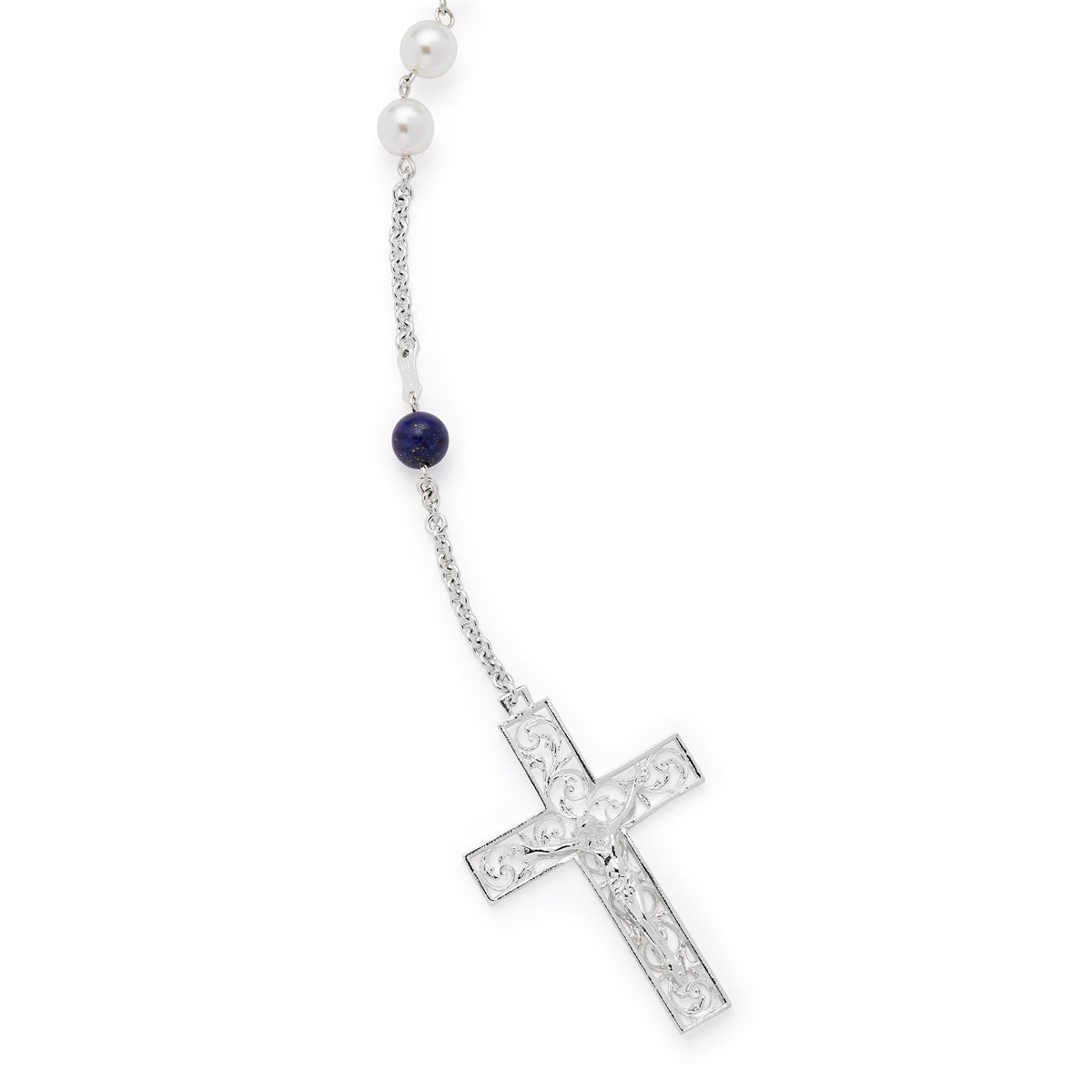 Sterling Silver Wedding Lazo with Pearl and Blue Beads