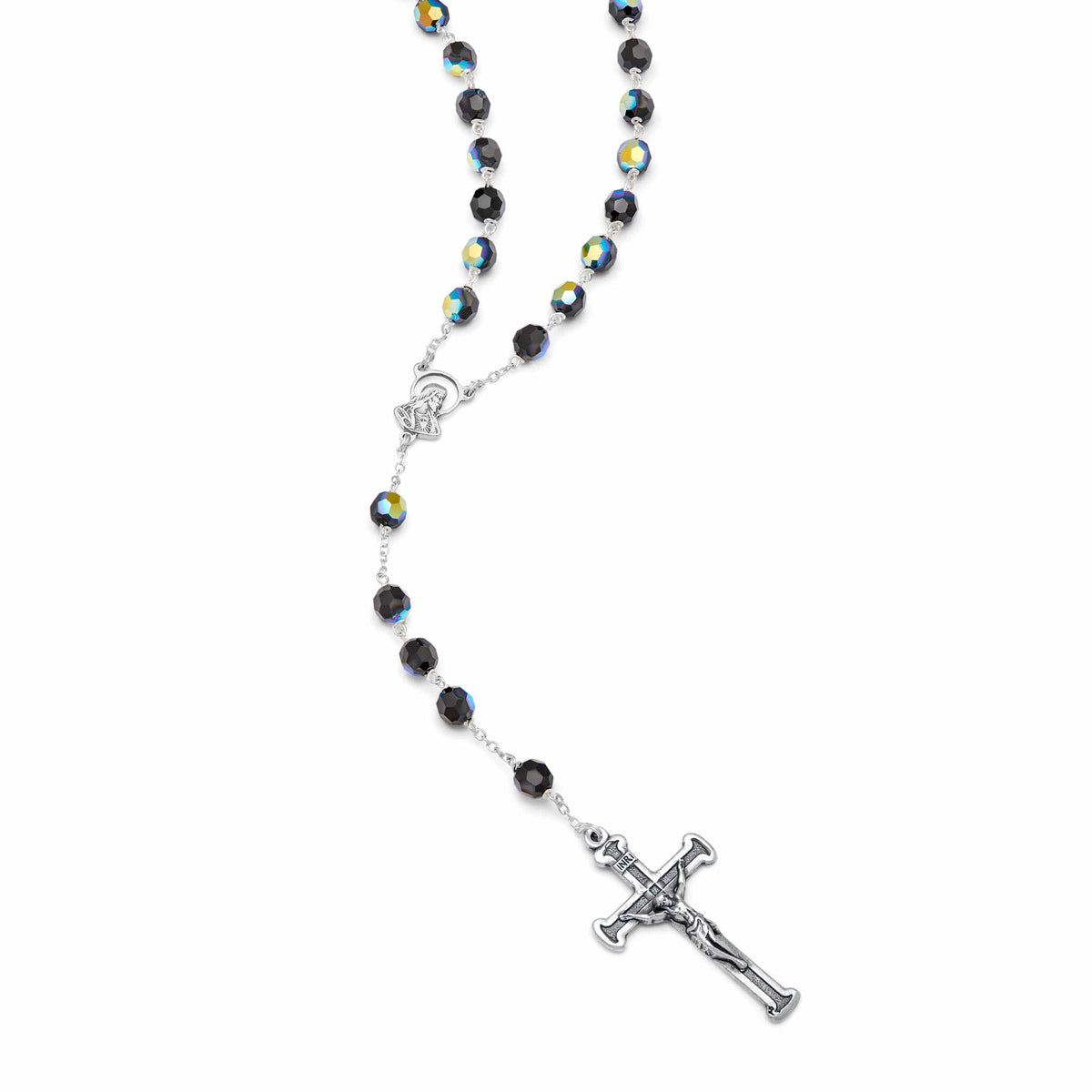 Sterling Silver Rosary with Black Crystal and Sacred Heart of Jesus