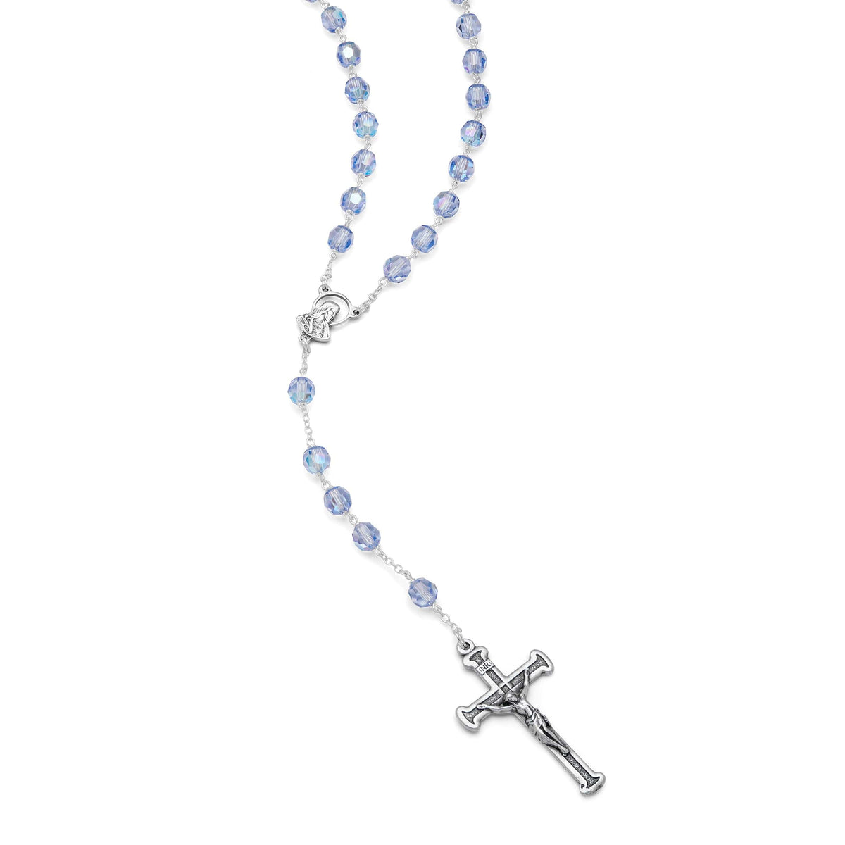 Sterling Silver Our Lady of Sorrows Rosary with Light Blue Crystal Beads